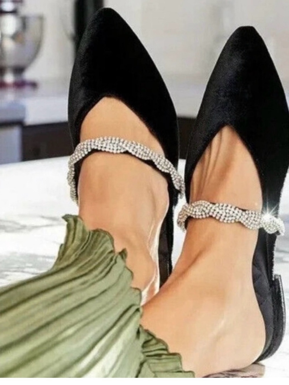 Birdies Black Velvet Pointed Mules with Twisted Crystal Strap